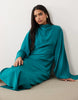 funnel neck satin maxi dress with exaggerated sleeves in turquoise