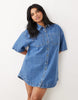 Curve denim boxy shirt dress with pocket detail in mid blue