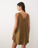 cotton linen v neck smock mini dress in moss green