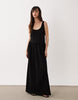 scoop neck drop waist midi dress in black