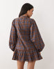 Glamorous puff sleeve high neck mini dress in blue brown plaid