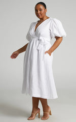 Amalie The Label - Franc Linen Puff Sleeve Wrap Midi Linen Dress - In White