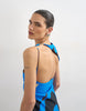 Topshop linen look open back mini dress in bold blue abstract print