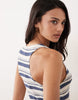knit jersey racer midi dress in blue and cream stripe