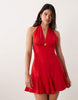 Kaiia exclusive halterneck plunge godet hem mini dress in red