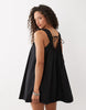 v neck smock poplin mini sundress with lace overlay in black