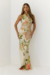 Dreamy Floral Cowl Neck Halter Maxi Dress Cream