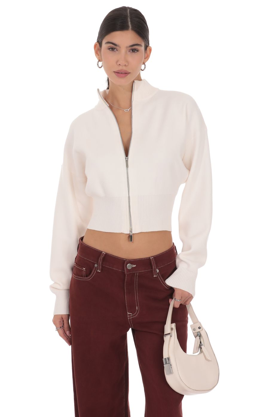 Knit Mock Neck Zip-Up Cardigan in Ivory