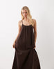 VILA crinkle cotton maxi cami slip dress in chocolate brown