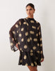 printed mesh draped blouson mini dress in polka-dot print