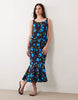 scoop neck fishtail godet midi sundress in black floral print