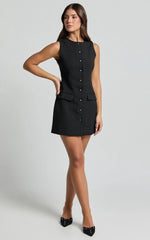 Yasmine Mini Dress - Button Down Boucle Dress in Black