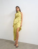 Topshop premium halter neck asymmetric satin mini dress with scarf detail in golden olive