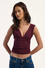 Luck & Trouble Vivi Ruched  V Neck Top Plum