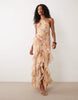 bias cut maxi dress with ruffles and high-low in floral print