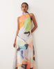 chiffon high neck maxi dress in multi abstract print