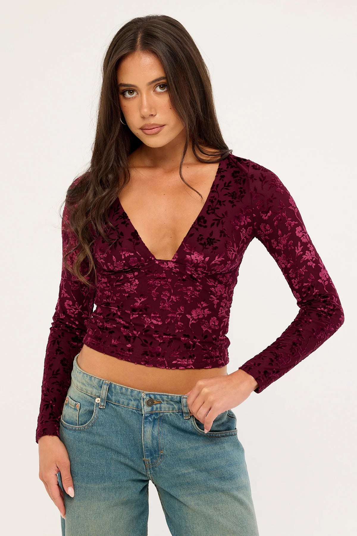 Luck & Trouble Bridie Flocked Long Sleeve V Neck Top Burgundy