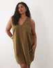 Curve cotton linen v neck smock mini dress in moss green