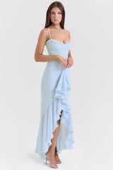 ice blue mesh ruffled front gown