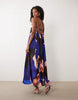 trapeze scoop neck full hem maxi dress with bead detail back in blue abstract print