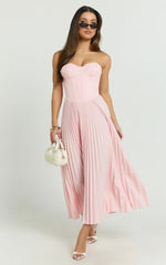 Loretta Midi Dress - Lace Up Back Bustier Pleated Dress in Soft Pink
