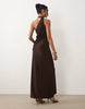 plisse contrast draped halter neck maxi dress in rum raisin