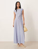 dropped waist midi dress with ruched cap sleeves in blue stripe