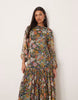slash neck chiffon godet maxi dress in black based floral