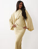 draped long sleeve cross front high neck satin maxi dress
