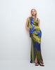 Topshop sleeveless knot side satin maxi dress in green and blue floral
