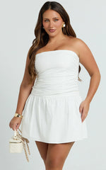 Donatella Mini Dress - Strapless Drop Waist Dress in White