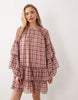 YAS ruffle chiffon smock mini dress in pink and mauve plaid print