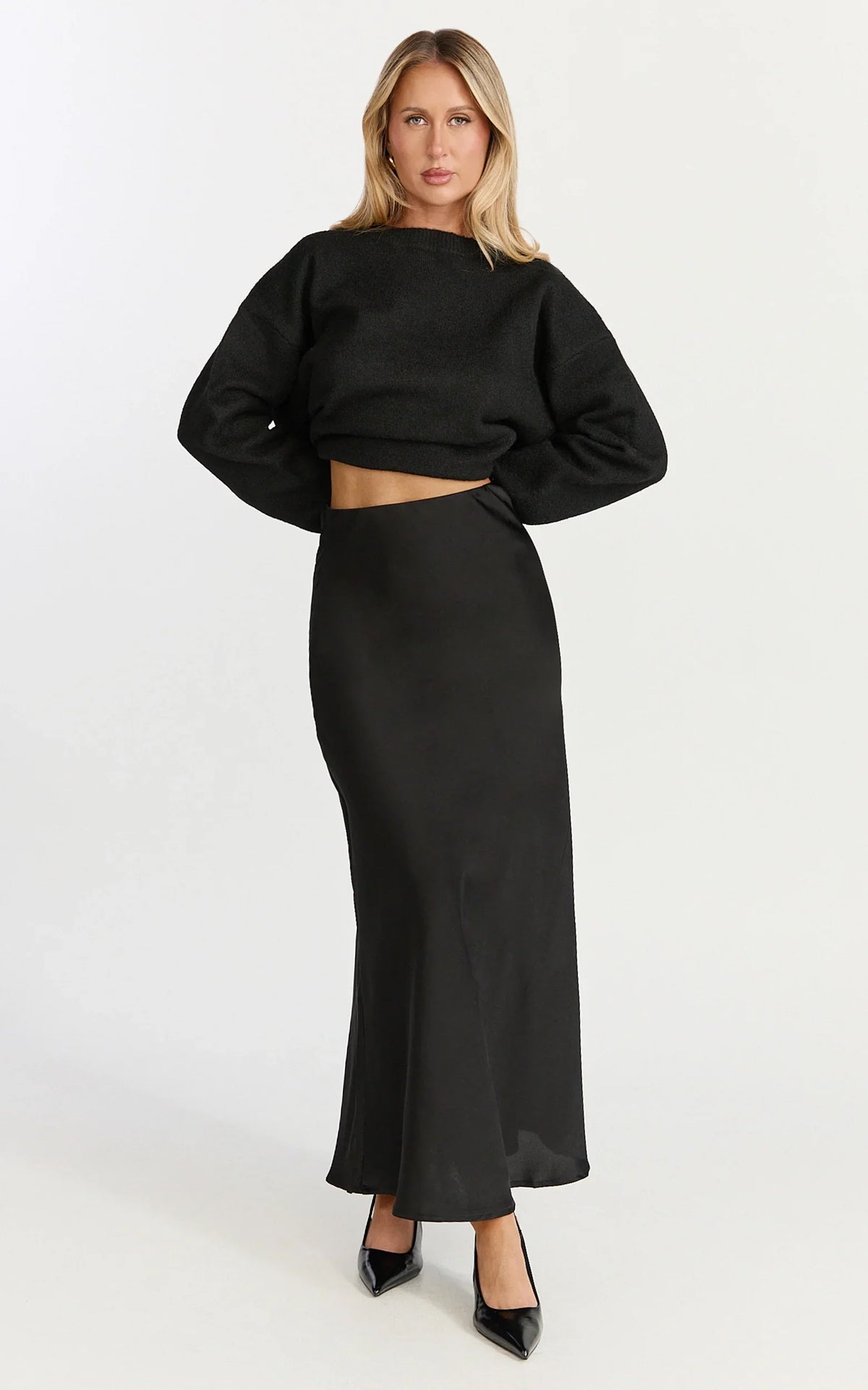 Amari Maxi Skirt - High Waisted Bias Cut Skirt in Black