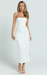 Indiana Midi Dress - Jacquard Square Neck Lace Back Fitted Dress in White