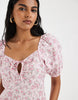 Vero Moda puff sleeve tie front detail midaxi dress in pink floral print