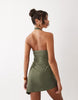 Lioness Moonlight linen rich asymmetric halterneck draped mini dress in khaki
