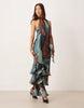 chiffon halter neck maxi dress with scarf detail in blue abstract