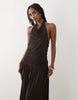 Mango cowl neck halterneck drop waist maxi dress in brown
