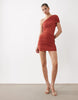 SNDYS premium jersey one-shoulder mesh insert mini dress in rust