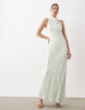 SNDYS satin high neck open back twist detail maxi dress in sage