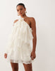 Gina Tricot mini frill halterneck mini dress with rose corsage in off white