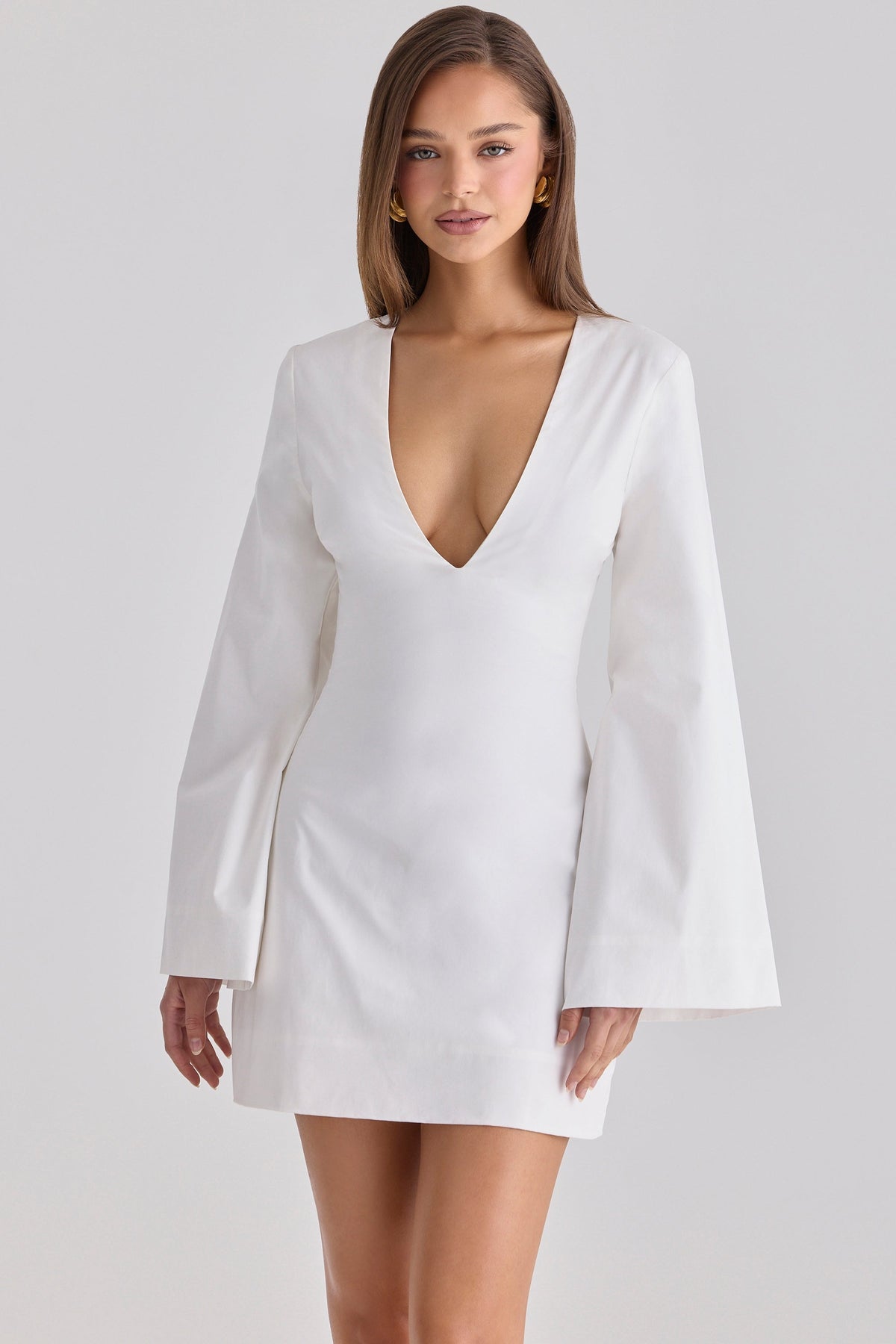 white bell sleeve cotton mini dress