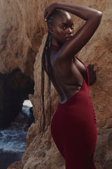wine draped halter neck maxi dress