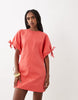 crew neck mini dress with tie sleeve detail in red