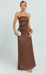 Laurie Maxi Dress - Strapless Draped Satin Dress in Chocolate