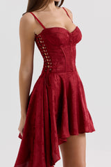 wine jacquard satin draped mini dress