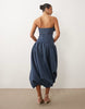 scrunched bandeau bubble hem midi dress in denim blue scuba-style fabric