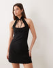 tie detail stand collar sleeveless crepe mini dress in black