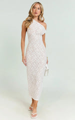 Sally Midi Dress - Stretch Lace Twist Off Shoulder Dress in White