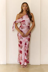 Romantic Rose Satin One Shoulder Maxi Dress Pink